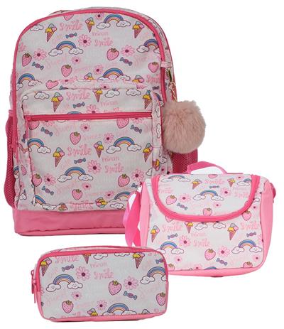 Pippa Kız Çocuk Üç Gözlü Pembe İlkokul Üçlü Okul Çanta Seti - Dondurma ve Gökkuşağı - PPSET5310