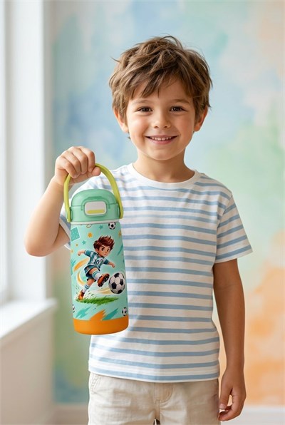 Puccon 420 ml Açık Yeşil Futbol Desenli Erkek Çocuk Okul Matarası Paslanmaz Çelik Termos - 60021