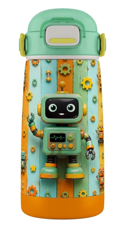 Puccon 420 ml Erkek Çocuk Yeşil Robot Baskılı Okul Matarası/Termosu - 60016 - Sevimli Robotlar