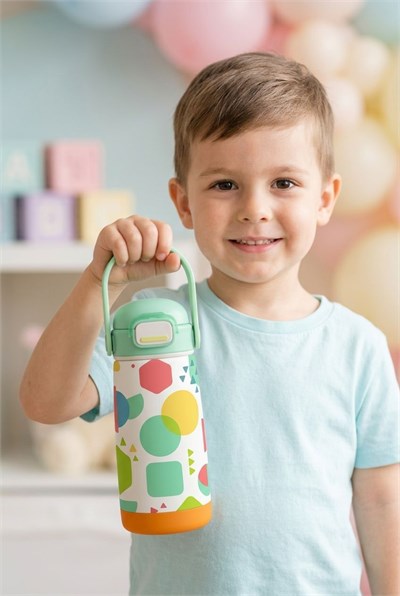 Puccon 420 ml Erkek Çocuklar İçin Yeşil Geometrik Şekilller Çelik Matara/Suluk - 60001