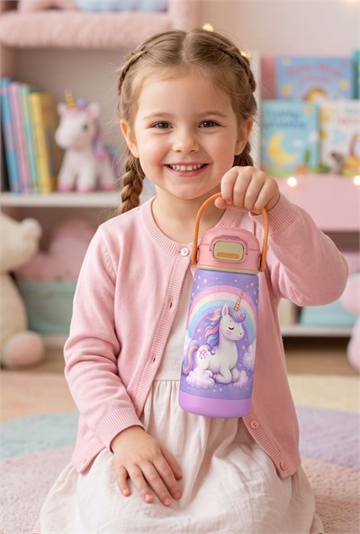 Puccon 420 ml Kız Çocuk Unicorn Desenli Paslanmaz Çelik Termos Matara Suluk - 60011