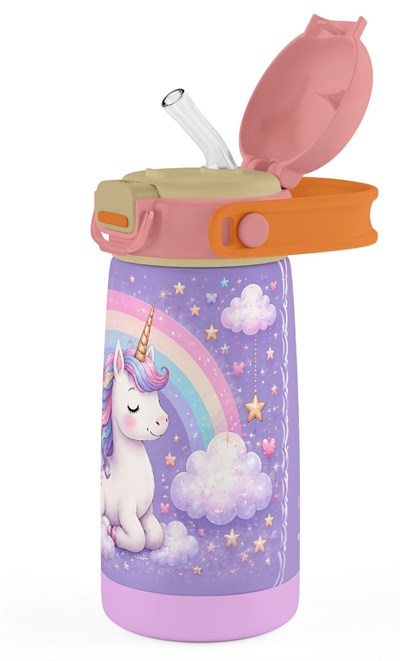Puccon 420 ml Kız Çocuk Unicorn Desenli Paslanmaz Çelik Termos Matara Suluk - 60011