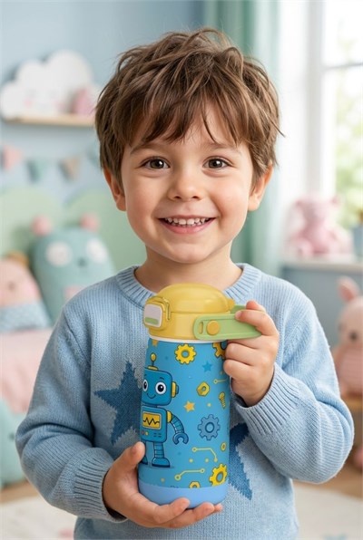 Puccon 420 ml Mavi Robot Desenli Erkek Çocuk Paslanmaz Çelik Matara Suluk - 60009