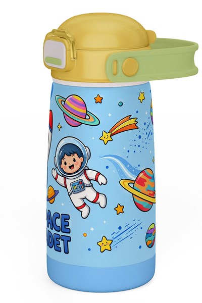 Puccon 420 ml Mavi-Sarı Erkek Çocuk Paslanmaz Çelik Matara 60010 - Uzay ve Astronot Baskılı