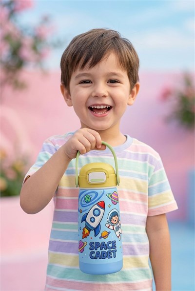 Puccon 420 ml Mavi-Sarı Erkek Çocuk Paslanmaz Çelik Matara 60010 - Uzay ve Astronot Baskılı