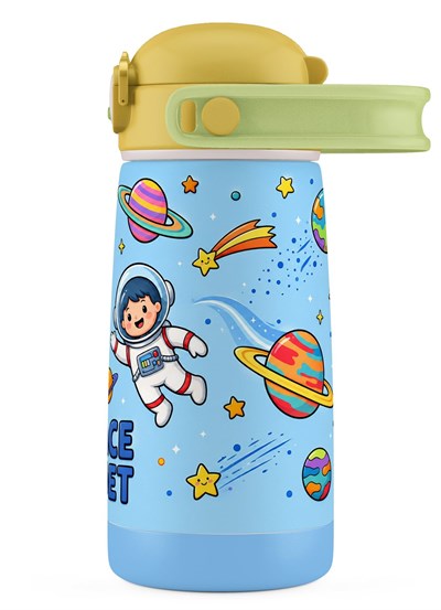 Puccon 420 ml Mavi-Sarı Erkek Çocuk Paslanmaz Çelik Matara 60010 - Uzay ve Astronot Baskılı