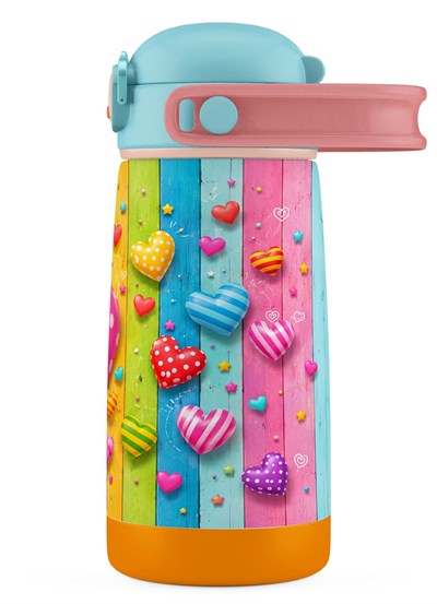 Puccon 420 ml Paslanmaz Çelik Kız Çocuk Okul Termosu-Matarası - 60015 - Pembe Kalp Desenli