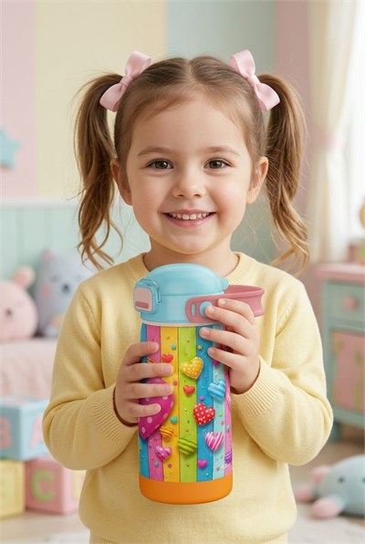 Puccon 420 ml Paslanmaz Çelik Kız Çocuk Okul Termosu-Matarası - 60015 - Pembe Kalp Desenli