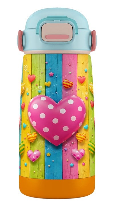 Puccon 420 ml Paslanmaz Çelik Kız Çocuk Okul Termosu-Matarası - 60015 - Pembe Kalp Desenli