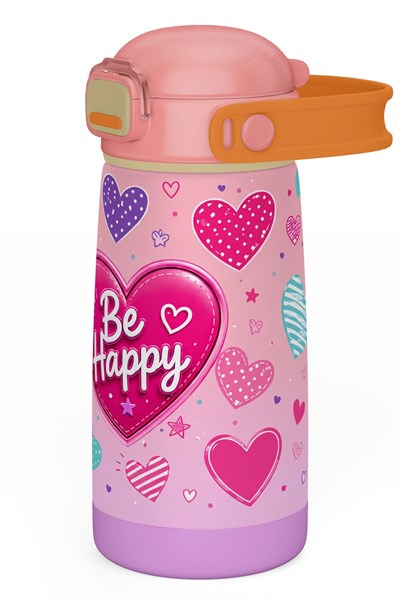 Puccon 420 ml Pembe Kalp Desenli Bey Happy Yazılı Kız Çocuk Çelik Okul Matarası - 60020