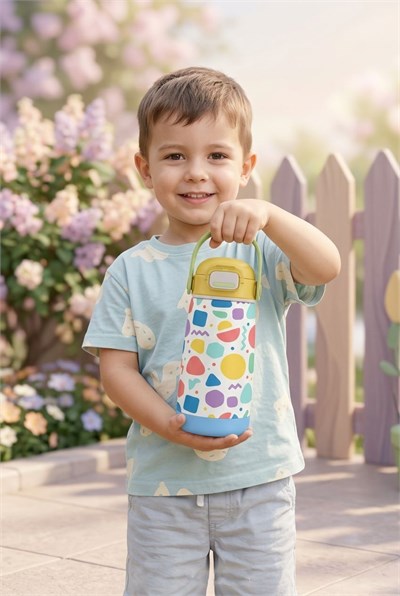 Puccon 420 ml Sarı Mavi Erkek Çocuk Geometrik Desenler Çelik Matara Suluk - 60002