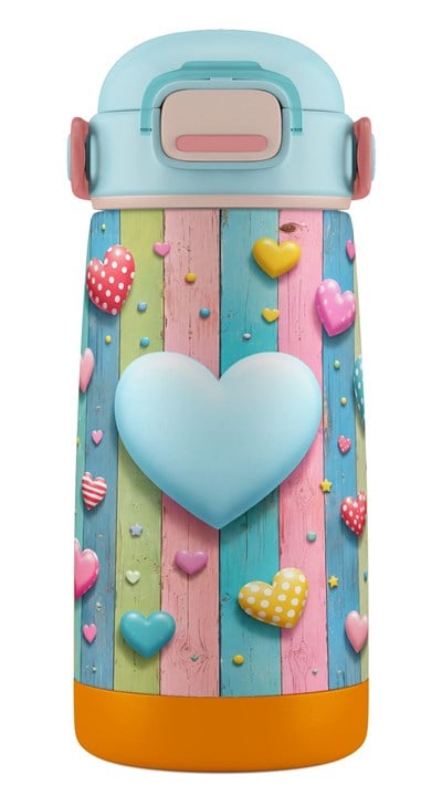 Puccon 420 ml Turkuaz Pembe Kız Çocuk Kalp Desenli Çelik Matara - 60012