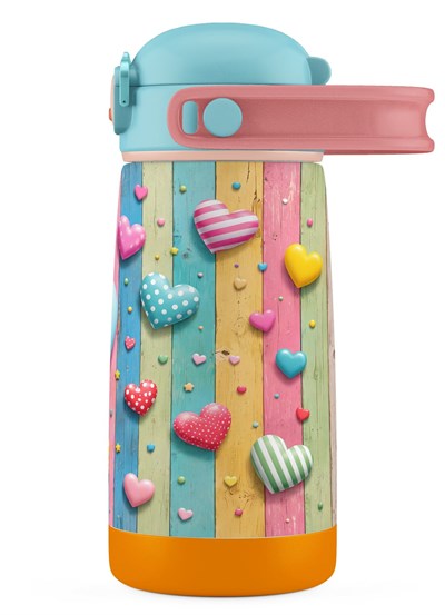 Puccon 420 ml Turkuaz Pembe Kız Çocuk Kalp Desenli Çelik Matara - 60012
