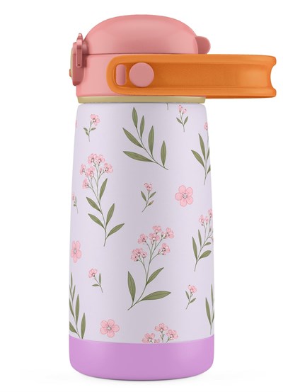 Puccon 420 ml Yaprak Desenli Pembe-Lila Kız Çocuk Okul ve Günlük Çelik Matara - 60007