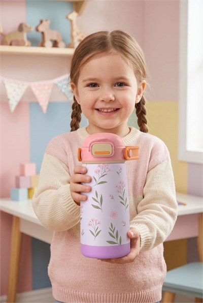 Puccon 420 ml Yaprak Desenli Pembe-Lila Kız Çocuk Okul ve Günlük Çelik Matara - 60007