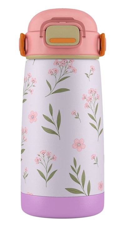 Puccon 420 ml Yaprak Desenli Pembe-Lila Kız Çocuk Okul ve Günlük Çelik Matara - 60007