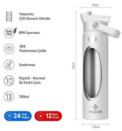 Puccon 750 ml Beyaz Paslanmaz Çelik Termos/Matara/Suluk