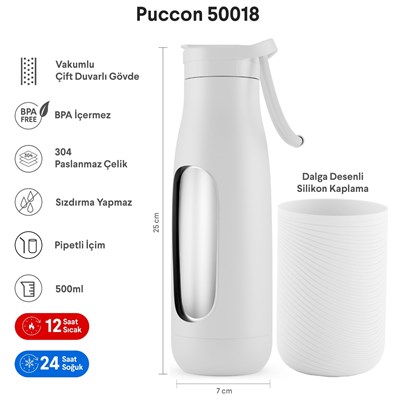 Puccon Beyaz 500 ml Paslanmaz Çelik Termos - Silikon Kaplı (Dalga) Okul, Günlük, Kamp - 50018