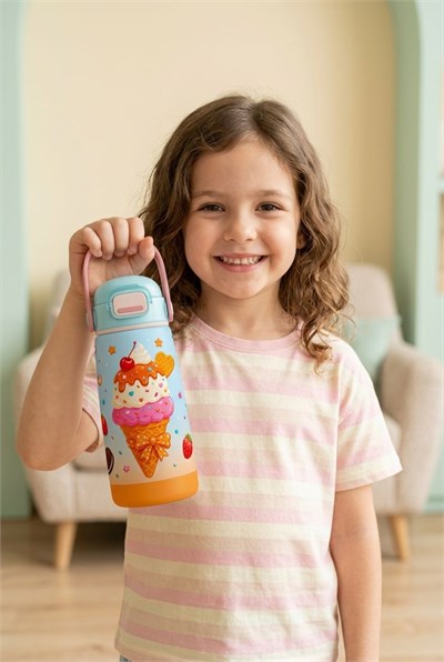 Puccon Kız Çocuk Renkli Dondurma Desenli 420 ml Çelik Matara Suluk Termos  - 60024