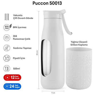 Puccon Pipetli 500 ml Beyaz Paslanmaz Çelik Matara/Suluk - Silikon Gövde (Yağmur) - 50013