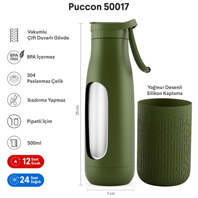 Puccon Pipetli 500 ml Haki Paslanmaz Çelik Matara/Suluk - Silikon Gövde (Yağmur) - 50017