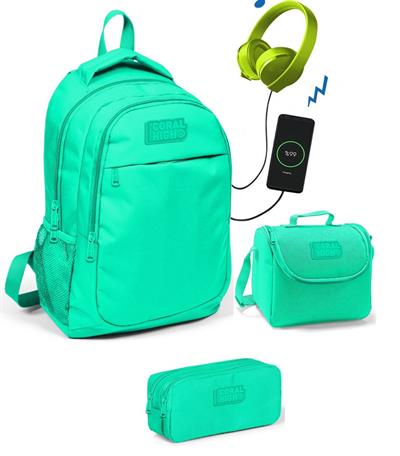 Su Yeşili Kız Çocuk 3lü İlkokul Çanta Takımı - USB Soketli