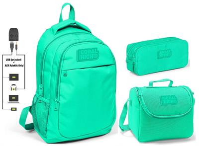 Su Yeşili Kız Çocuk 3lü İlkokul Çanta Takımı - USB Soketli