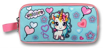 Ümit Çanta Kız Çocuklar İçin İki Bölmeli Bebek Unicorn Baskılı Kalemlik - Pembe Turkuaz - 5050