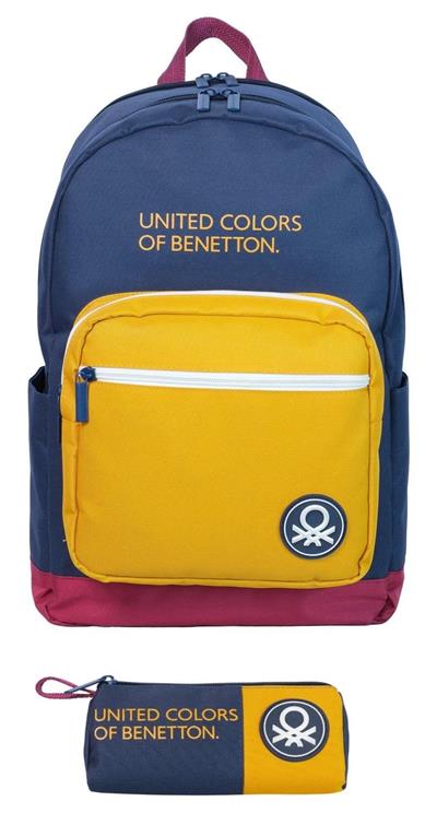 United Colors of Benetton Tricolor Dört Bölmeli Erkek Çocuk Sırt Çantası ve Kalemlik Seti - Lacivert-Sarı