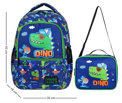 Waddell Dinazor Deri Nakış Desenli Erkek Çocuk İlkokul Sırt Çantası Ve Beslenme Çantası