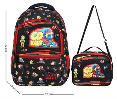 Waddell Go Kart Deri Nakış Desenli Erkek Çocuk İlkokul Sırt Çantası Ve Beslenme Çantası