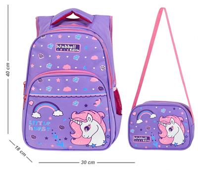 WaddellBag Kız Mor Unicorn İlkokul Sırt Çantası ve Beslenme Çantası