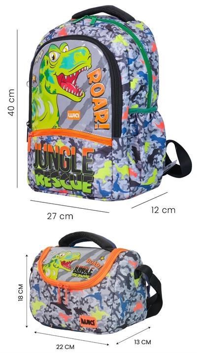 Wia Dinazor Baskılı Erkek Çocuk Okul Sırt Çantası ve Isı Yalıtımlı Beslenme Çantası Seti - Yeşil
