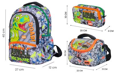 Wia Dinazor Baskılı Erkek Çocuk Üçlü Okul Çanta Seti - Gri-Yeşil