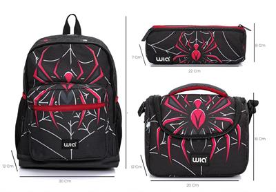 Wia Erkek Çocuk Örümcek Temalı 3lü Okul Çanta Seti - Siyah-Kırmızı - İlkokul 1-2-3-4 İçin Uygun SW-031
