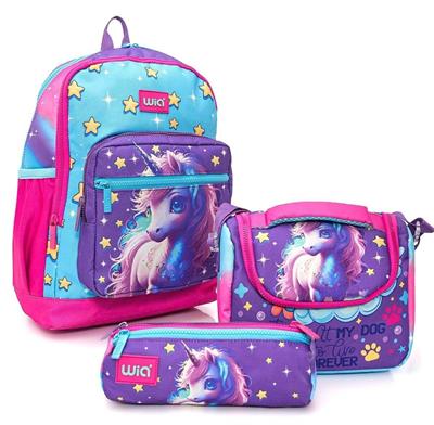 Wia Kız Çocuk Unicorn Desenli 3lü Okul Çanta Seti - İlkokul Çanta Takımı - SW-019