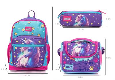 Wia Kız Çocuk Unicorn Desenli 3lü Okul Çanta Seti - İlkokul Çanta Takımı - SW-019