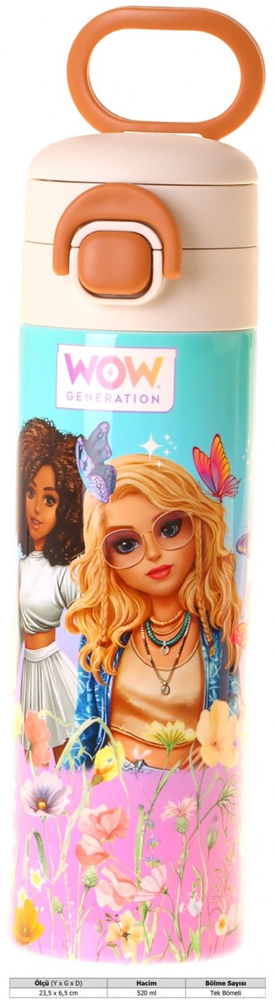 Wow Generation 520 ml Butterfly Baskılı Turkuaz - Pembe Kız Çocuk Çelik Termos Matara (Çift İçim Kilitli Kapak) - W6078