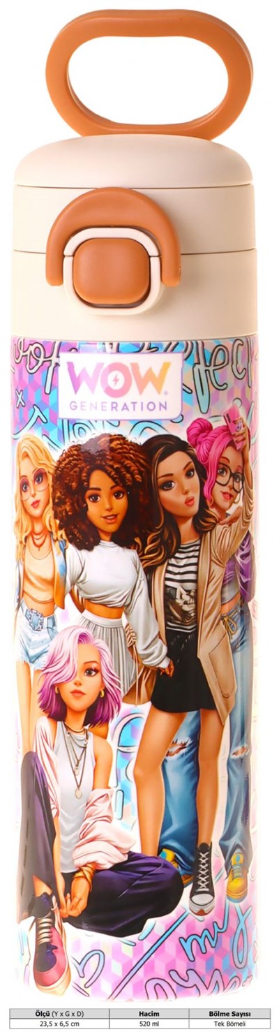 Wow Generation 520 ml Group Baskılı Mavi Kız Çocuk Çelik Termos Matara (Çift İçim Kilitli Kapak) - W6052