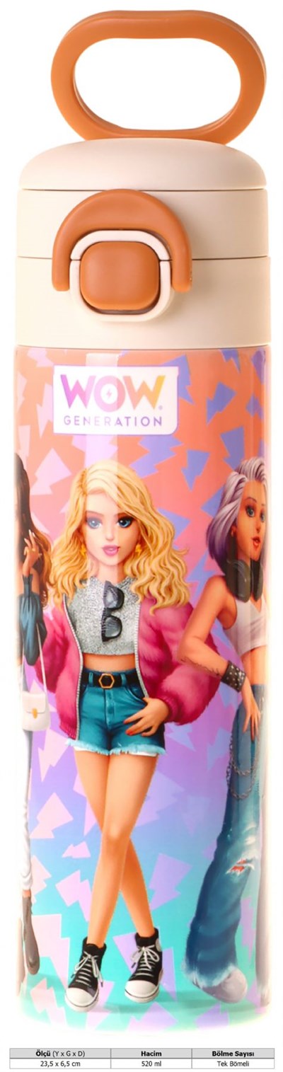 Wow Generation 520 ml Shine Baskılı Turuncu - Mor Kız Çocuk Çelik Termos Matara (Çift İçim Kilitli Kapak) - W6093