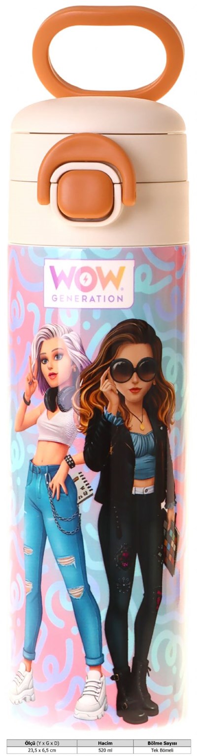 Wow Generation 520 ml Wonderful Baskılı Pembe - Turkuaz Kız Çocuk Çelik Termos Matara (Çift İçim Kilitli Kapak) - W6072