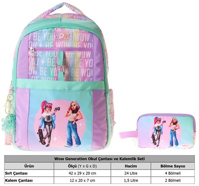Wow Generation Be You Kız Çocuk (Yeşil - Mor) İlkokul Okul Çantası ve Kalemlik Seti - SETWG-W6085C