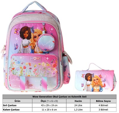 Wow Generation Butterfly Kız Çocuk (Turkuaz - Pembe) İlkokul Okul Çantası ve Kalemlik Seti - SETWG-W6074C