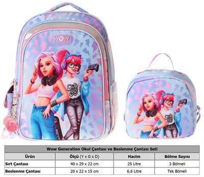 Wow Generation Cool İkili Okul Çanta Seti - Mavi - Pembe Cool Desenli Kız Çocuk SETWG-W6039B