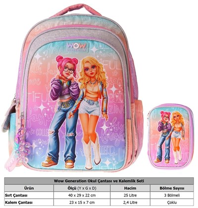 Wow Generation Star Kız Çocuk (Pembe - Mor) İlkokul Okul Çantası ve Kalemlik Seti - SETWG-W6033C