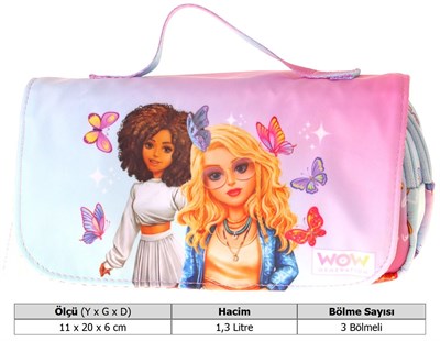 Wow Generation Taşıma Askılı Kız Çocuk Butterfly Baskılı Şık Kalem Çantası (Turkuaz - Pembe) - W6077