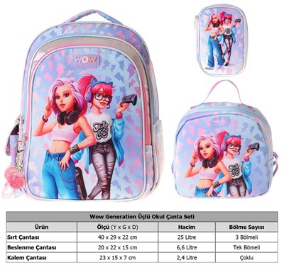 Wow Generation Üçlü İlkokul Okul Çanta Seti - Mavi - Pembe - Cool Desenli - Kız Çocuk - SETWG-W6039A