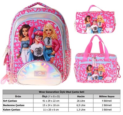 Wow Generation Üçlü İlkokul Okul Çanta Seti - Kırmızı - Girl Friends Baskılı - Kız Çocuk - SETWG-W6059A