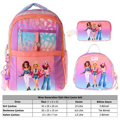 Wow Generation Üçlü İlkokul Okul Çanta Seti - Turuncu - Mor - Shine Baskılı - Kız Çocuk - SETWG-W6090A