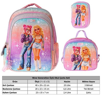Wow Generation Üçlü İlkokul Okul Çanta Seti - Pembe - Mor - Star Desenli - Kız Çocuk - SETWG-W6033A
